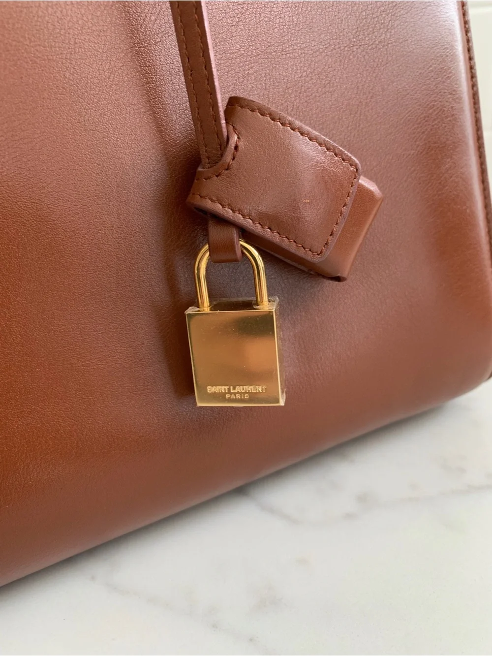 Saint Laurent Chestnut Brown Leather Sac de Jour Satchel with Gold Padlock